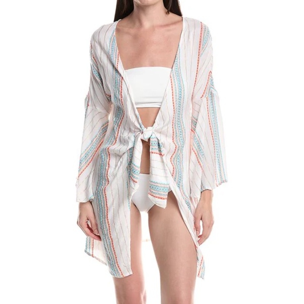 BECCA BY REBECCA VIRTUE RADIANCE V-NECK TUNIC Coverup White Multi Medium NWI
